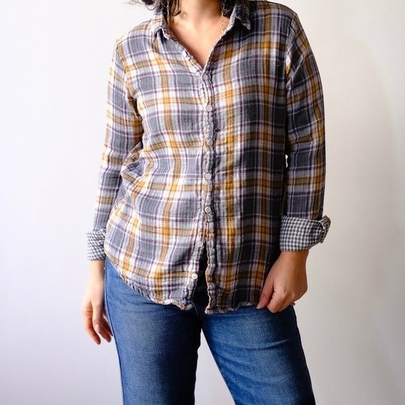 CP SHADES Romy Plaid Shirt Womens XS Gray Yellow Gauze Button Up Long Sleeve - Picture 2 of 16